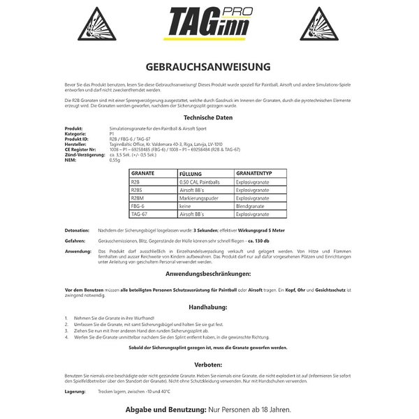 TAGINN TAG-67 PAINTBALL / AIRSOFT SPLITTERGRANATE MIT KIPPHEBEL (USA)